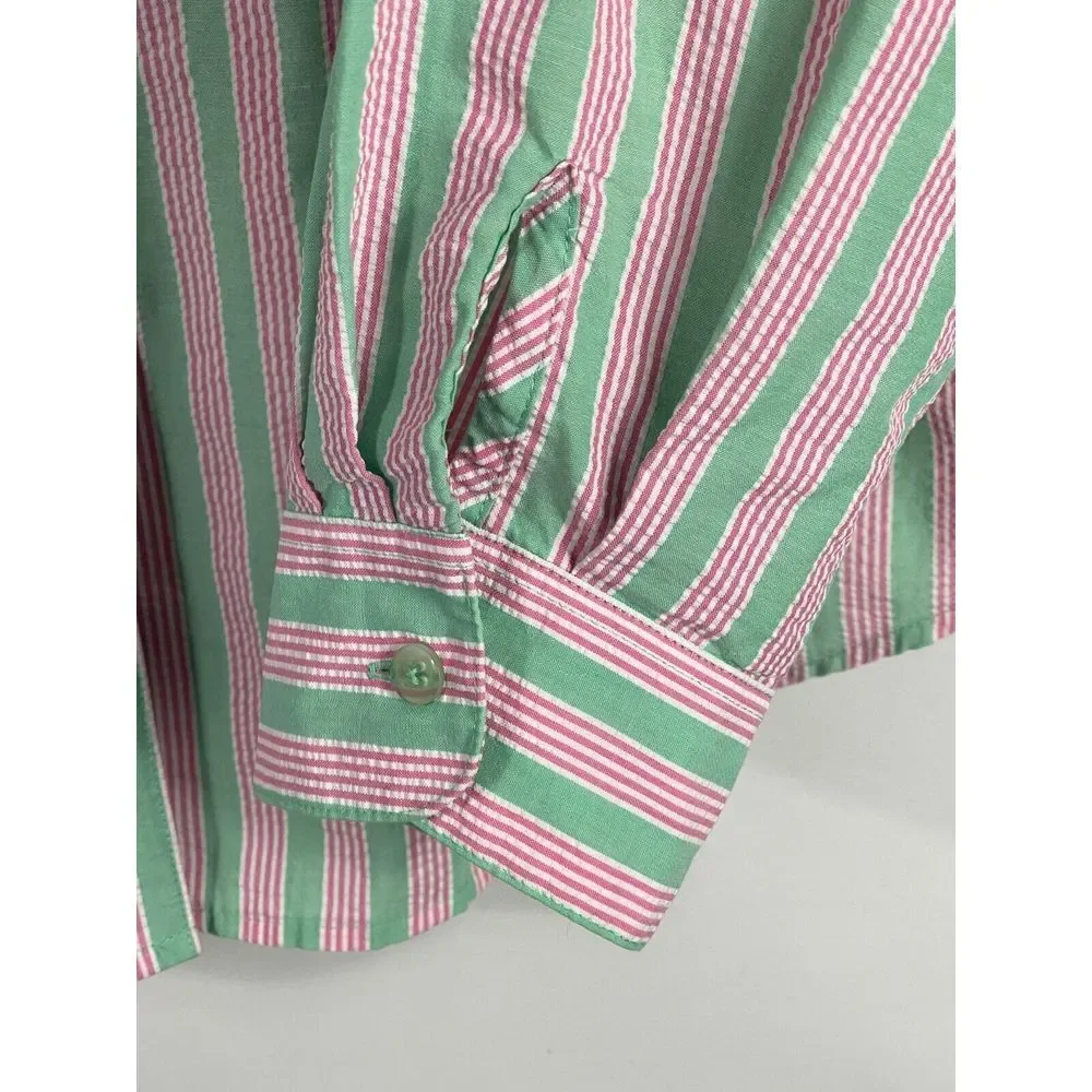 Foxcroft Women's 14P Shaped Fit Green Pink White Striped Long Sleeve Shirt - Picture 8 of 10